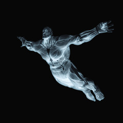 bodybuilder muscle maps is doing a free jump in white background