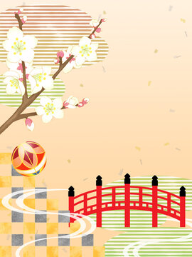 白梅の和柄フレーム（縦）梅と手毬と朱塗りの橋
