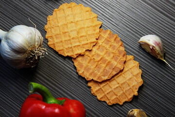 food photo. Autumn still life of vegetables and waffles.