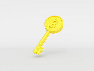 Golden Bitcoin with key. Cryptocurrency concept. The golden key to the currency symbol and Bitcoin. solution by Bitcoin. 3D Rendered Illustration.
