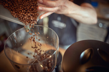 Close-up of hands holding a container and pouring coffee beans into a grinder apparatus. Coffee, beverage, producing