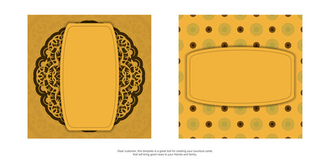 Postcard template in yellow color with vintage brown pattern for your design.