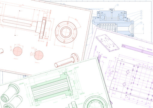 Illustration of Pile of Mechanical Engineering Drawings with Dimensioning and Tolerances