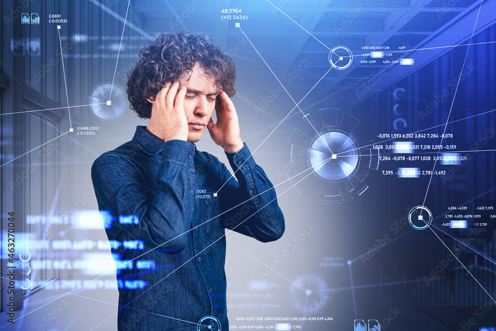 Poster businessman with hands on temples thinking, digital hud with numbers and lines