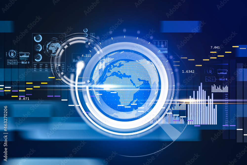 Poster blue glowing hologram hud with globe and information protection icons. padlock and digital interface