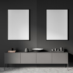 Grey exhibition room interior with drawer and decoration, two mockup posters