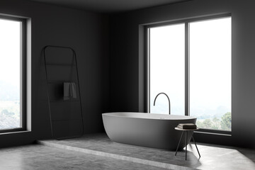 Naklejka na ściany i meble Dark bathroom interior with bathtub near window, faucet and ladder