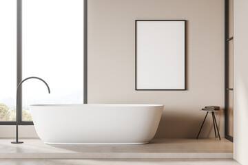 Fototapeta na wymiar White bathtub in light bathroom interior with window, mockup poster
