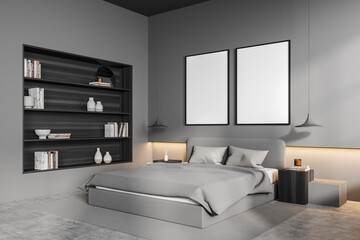 Fototapeta na wymiar Grey bedroom interior with bed and bookshelf with decoration, mockup posters