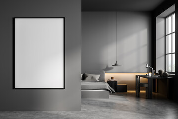 Grey bedroom interior with bed and workplace near window, mockup poster