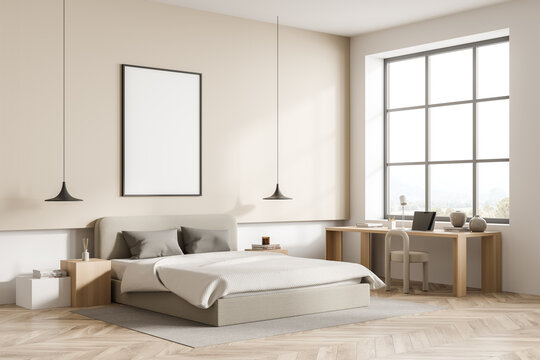Light bedroom interior with bed and workplace near window, mockup poster