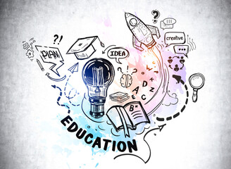 Education to start up new business sketch with light bulb, brain, graduation hat and rocket. All icons are drawn on concrete wall - obrazy, fototapety, plakaty