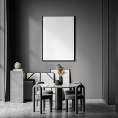 Empty canvas in dark grey art salon with dining table