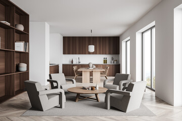 Naklejka na ściany i meble White and beige living room with modern dark wood kitchen