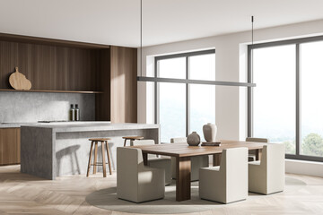 Corner view on bright kitchen room interior with two barstools
