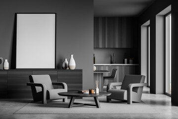 Dark grey seating area with standing canvas and kitchen on background