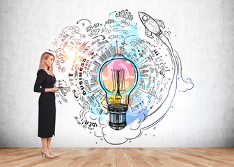 Woman with notebook near strategy plan and lightbulb on grey wall