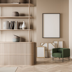 Canvas in beige living room with shelving unit and green armchair