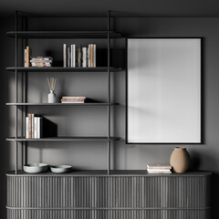 Stylish living room shelving with empty canvas on grey wall