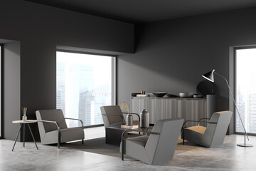 Corner view on dark living room interior with panoramic window