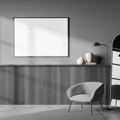 Grey exhibition room interior with armchair and drawer, mockup poster