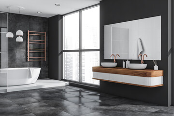 Modern grey and white bathroom with copper details. Corner view. - obrazy, fototapety, plakaty