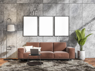 Grey living room interior with sofa and coffee table, mockup posters