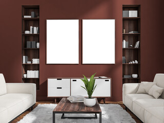 Dark red and white living room with two canvases between niche shelves
