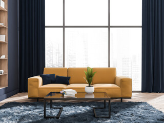 Panoramic yellow and blue living room with couch