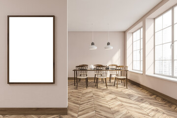 Wooden dining room interior with furniture and window, mockup poster