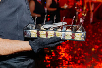 Waiter holding in hands tray with cheese appetizer. Delicacy snacks. Night party celebration in...