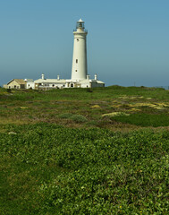 Fototapeta na wymiar An old whitewashed lighthouse seen over a stretch of dune vegetation with the Indian Ocean behind it