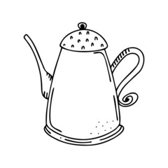 Hand drawn teapot, kitchen utensils isolated on a white background. Doodle, simple outline illustration. It can be used for decoration of textile, paper and other surfaces.