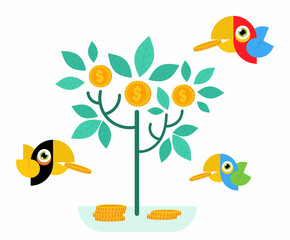 Investment growth tree vector illustration of income profit of a businessman money coins on a tree and a bird carries a coin. Cartoon flat commerce and business income concept.
