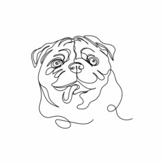 Continuous one single line drawing of funny little pug dog face head in silhouette on a white background. Linear stylized.