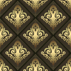 Gold tiles. Seamless damask pattern. Brown ornament, embroidery, wallpaper or fabric 