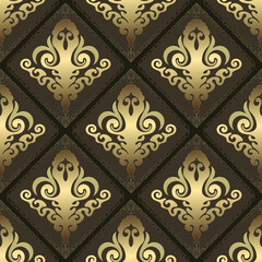 Gold tiles. Seamless damask pattern. Brown ornament, embroidery, wallpaper or fabric 