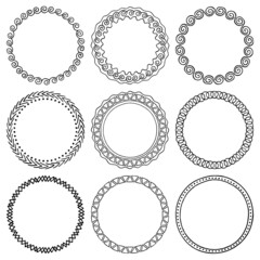 Vector set of round ink frames with hand drawn patterns