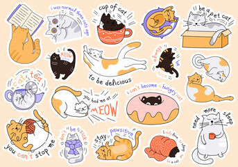 Large collection of cat stickers with inspirational or humorous text showing assorted activities, flat cartoon vector illustration