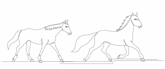 Fototapeta na wymiar running horses drawing by one continuous line
