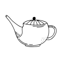 Hand drawn teapot, kitchen utensils isolated on a white background. Doodle, simple outline illustration. It can be used for decoration of textile, paper and other surfaces.