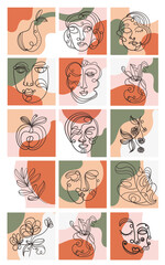 Doodle line drawing collection abstract faces and silhouettes with floral elements, fruits, leaves and plants, set of colored vector illustrations