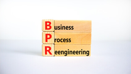BPR business process reengineering symbol. Concept words BPR business process reengineering on blocks on beautiful white background. Business, BPR business process reengineering concept. Copy space.