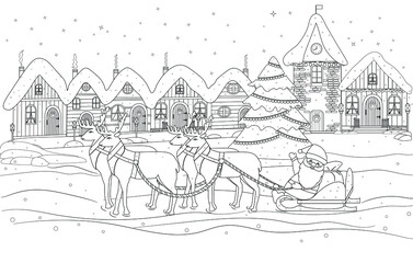 Coloring book. Santa Claus is carrying a bag of gifts on a sleigh with reindeer. A fabulous, magical town with houses, a Christmas tree on the street, a square. Christmas, New Year's drawing.