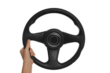 Woman with steering wheel on white background, closeup