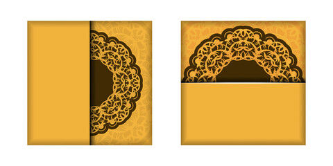 Postcard template in yellow color with Indian brown pattern for your design.