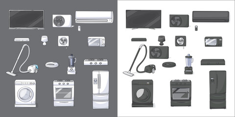 The collection of home electronic appliances icon set isolated on black&white background.Vector illustration