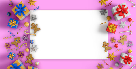 Christmas gifts and decorations with white frame on pink background