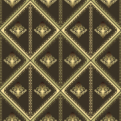 Damask seamless pattern in vector. Gold ornament on a brown background. Openwork wallpaper or fabric, tiles 