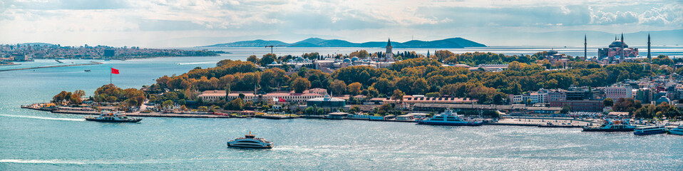 ISTANBUL, TURKEY - OCTOBER 12 ,2021: Istanbul city view from Galata tower in Turkey. Golden Horn bay of Istanbul and view on mosque with Sultanahmet district. panorama view © Celt Studio